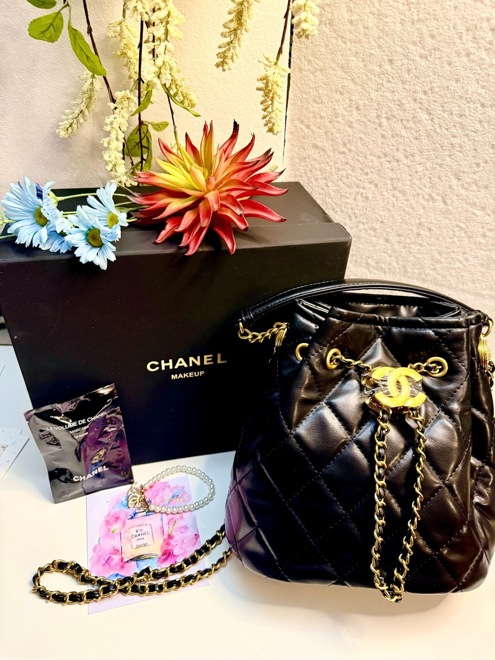 GWP CHANEL Black Quilted Vegan Leather Drawstring Crossbody with Gold Chain
